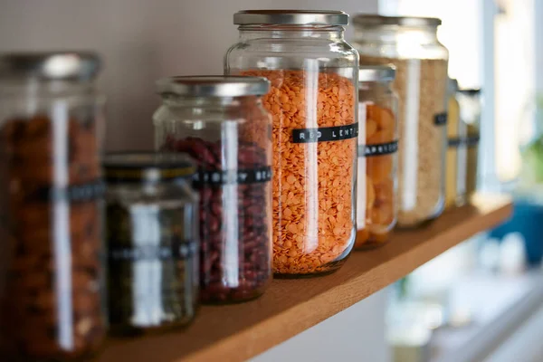 Close Glass Jars Shelf Being Reused Store Dried Food Living — Stock Photo, Image