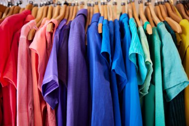 Renkli Sürdürülebilir Giysiler Demiryolunda Asılı Bağış veya Hırdavat Mağazası Sürdürülebilir Moda Satışı