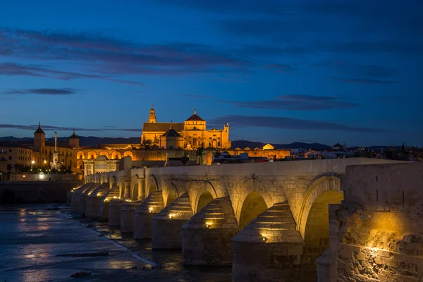 Nachtansicht der römischen Brücke von Cordoba — Stockfoto