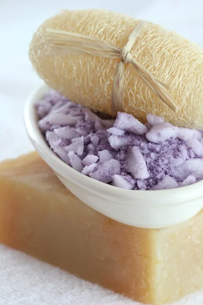 Exfoliation Set : Luffa, Lavender Spa Sea Salt — Stock Photo, Image