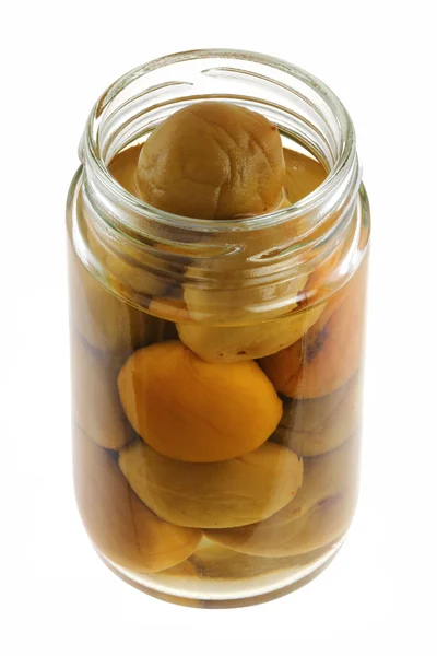 A bottle of homemade pickled peach — Stock Photo, Image