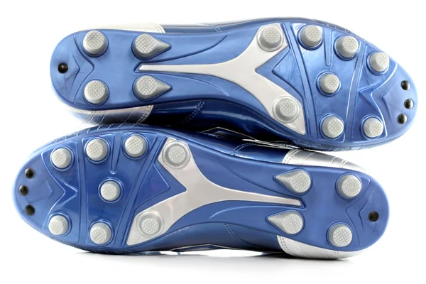 Niebieski piłka nożna (piłkarz) buty, buty z 12 stadniny — Zdjęcie stockowe