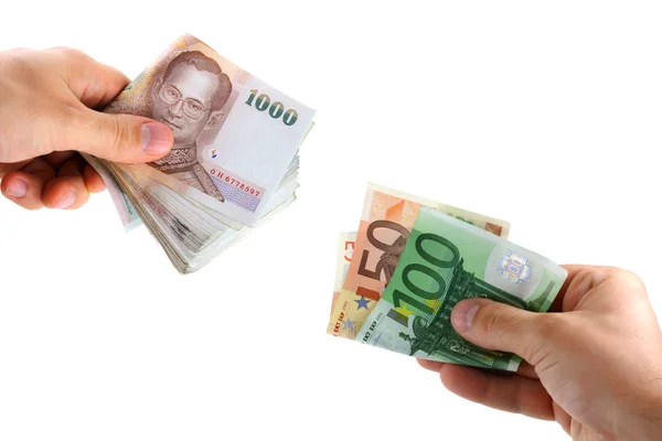 Money Exchange between Euro and Thai Currency — Stock Photo, Image