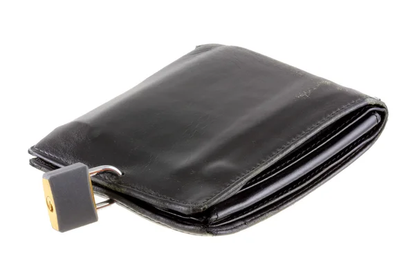 Una vieja cartera de cuero negro con una cerradura de almohadilla —  Fotos de Stock