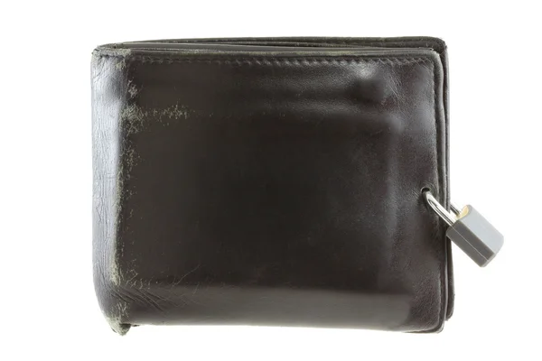 An old Black leather wallet with a pad lock — Stock Photo, Image