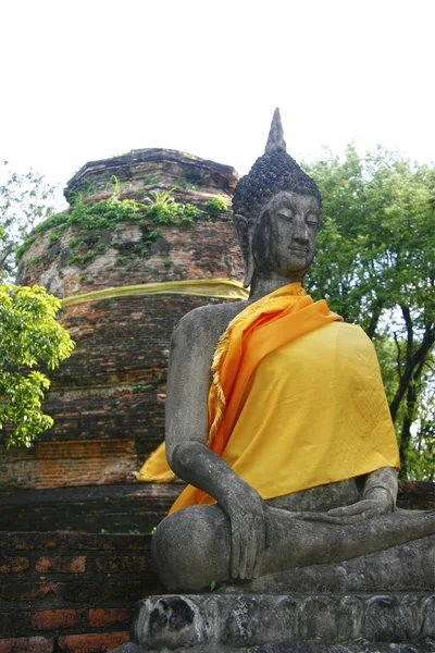 Gamla buddhastaty sitter framför stupa i ayutthaya, thailand — Stockfoto