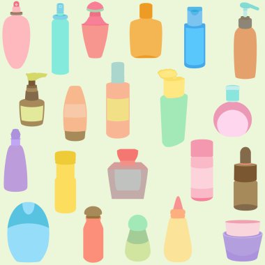 parfüm, cam şişe, pastel renkli kaplarda