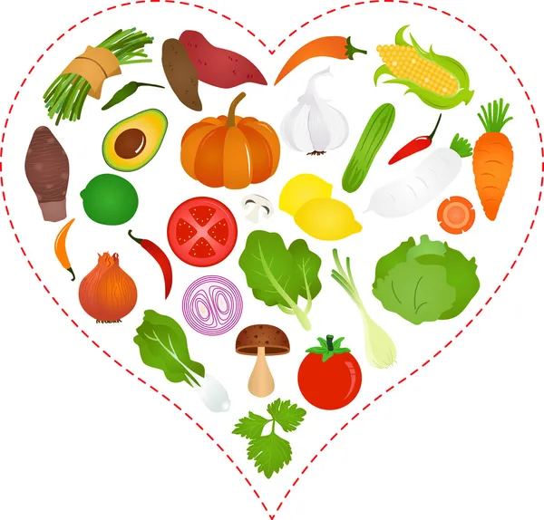 Iconos de verduras dentro de un corazón — Archivo Imágenes Vectoriales