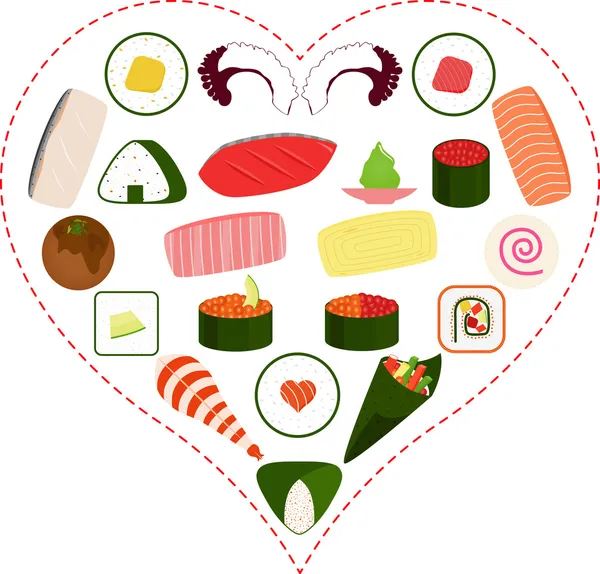 Sushi, sashimi, maki pictogrammen binnen een hart — Stockvector