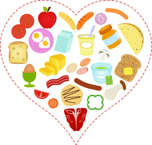 Food icons inside a Heart — Stock Vector