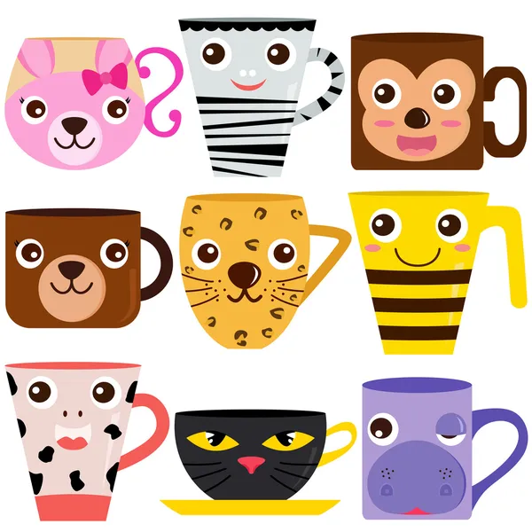 Kaffeetasse und Becher mit unterschiedlichen Tiermustern — Stockvektor