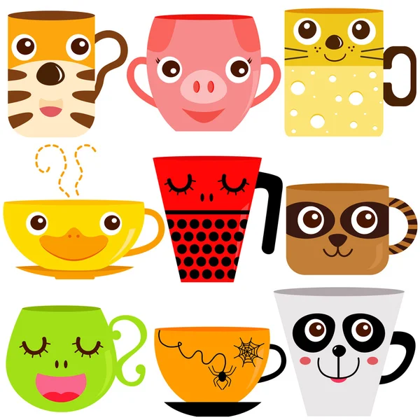 Koffiekopje en Mok met verschillende dierlijke patronen — Stockvector