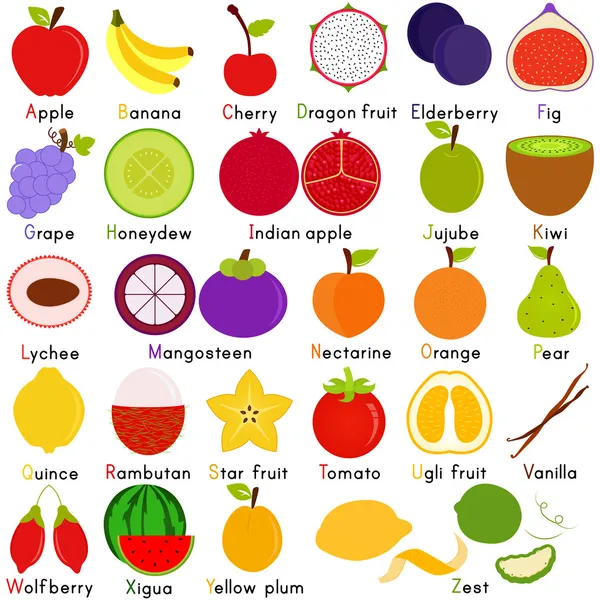 Iconos de fruta que representan el alfabeto A a Z — Archivo Imágenes Vectoriales