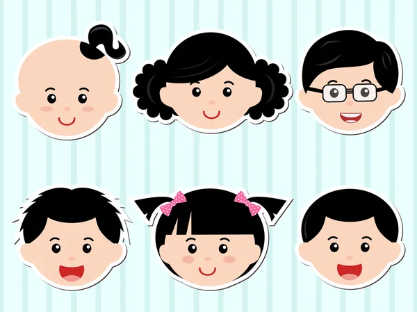 Icons: Heads of Girls, Boys with Black Hair — Stock Vector