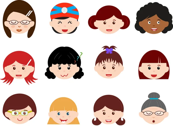 Icons : Heads of Girls, Women, Kids — Stock Vector