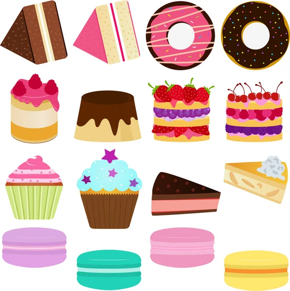 可爱的甜蛋糕、 蛋糕、 馅饼和 macaron — 图库矢量图片