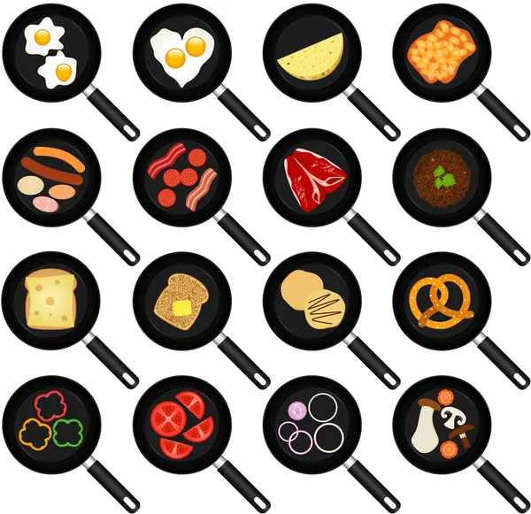 Fried Food In Non-stick Frying Pans — Stock Vector