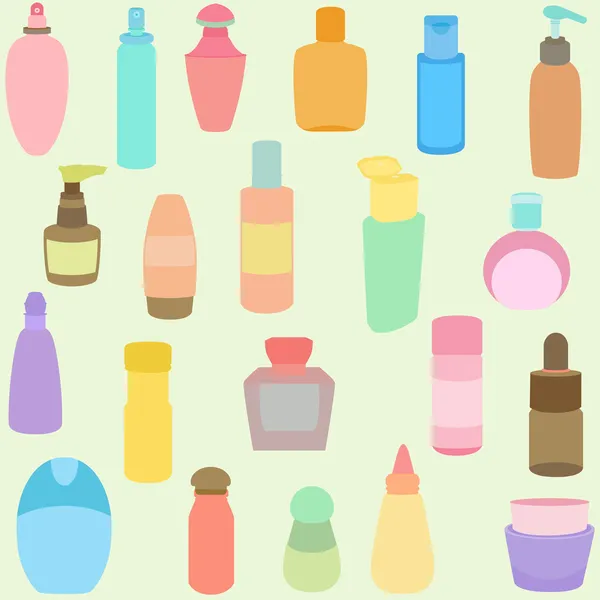 Botella, perfume, vidrio, recipientes en color pastel — Vector de stock