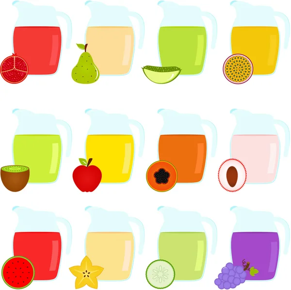 Кувшины с различными фруктовыми соками — стоковый вектор