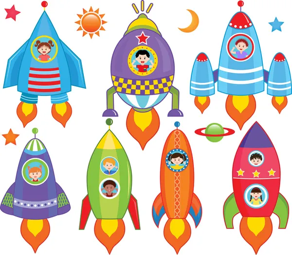 宇宙船、宇宙船、ロケットの内部の子供 — ストックベクタ