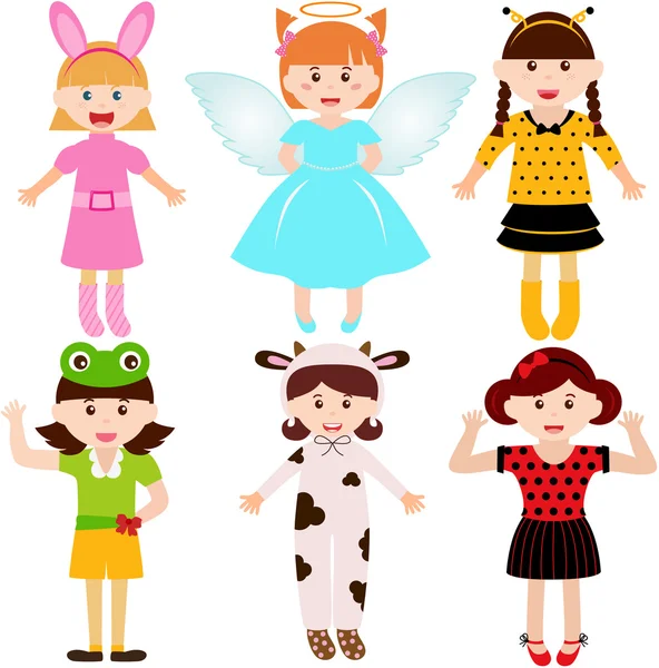 Female kids, young girls in cute costumes — Stock Vector
