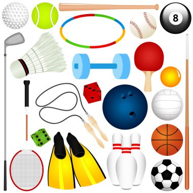 Renkli vektör spor Set: Topları, egzersiz donanımları