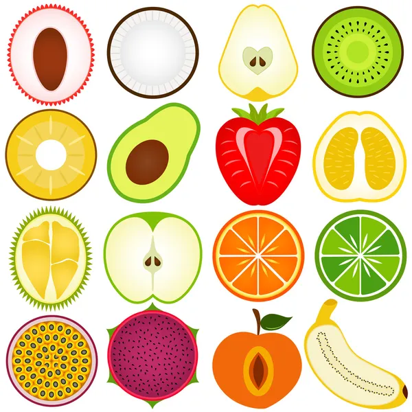 Fresh fruit cut in half isolated on white — Stock Vector