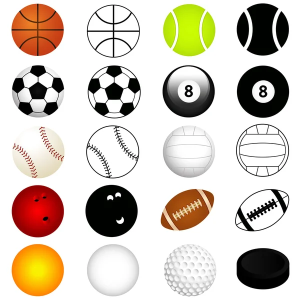 Vector Sports Set : Balls in color and silhouette — Stock Vector