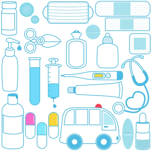 Médicaments, pilules, équipements médicaux en bleu — Image vectorielle