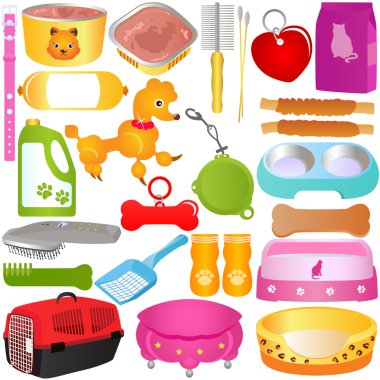 Kediler, köpekler, gıda ve aksesuarları renkli vektör ayarla