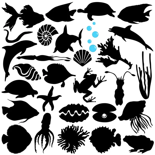 Σιλουέτα των ψαριών, sealife, (θαλάσσια ζωή, θαλασσινά) — Διανυσματικό Αρχείο