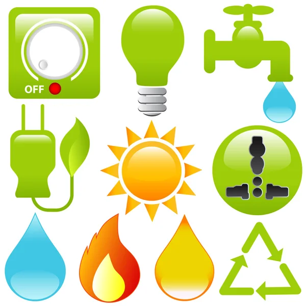 Vector Icons: Energy Saving, water, electricity, solar power — Stock Vector