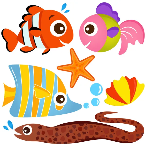 Un colorido conjunto de lindos iconos vectores de animales: peces, vida marina — Vector de stock