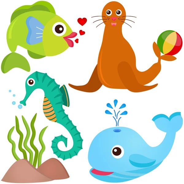 Un colorido conjunto de lindos iconos vectores de animales: peces, vida marina — Vector de stock