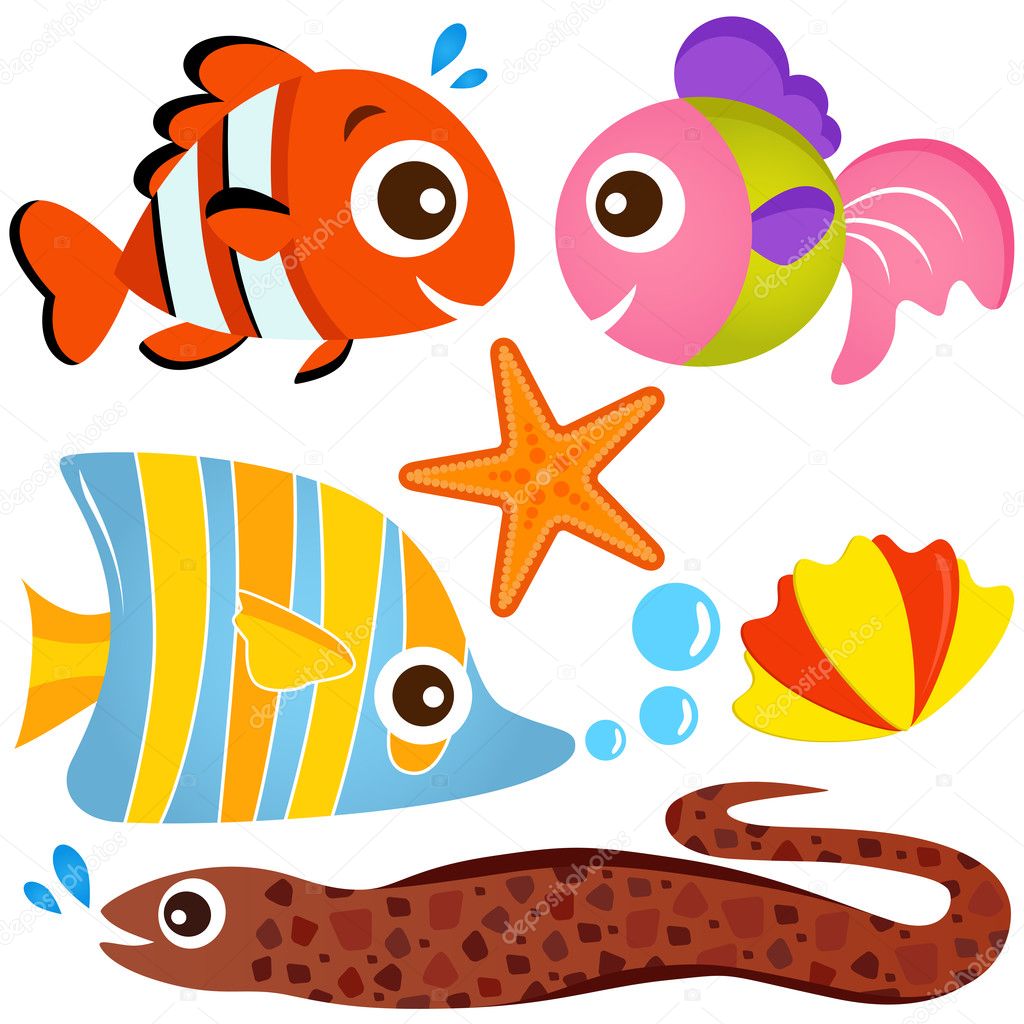 A colorful set of cute Animal Vector Icons: Fish, Sea life