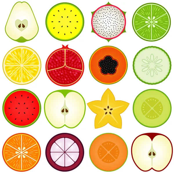 Fresh fruit cut in half isolated on white — Stock Vector