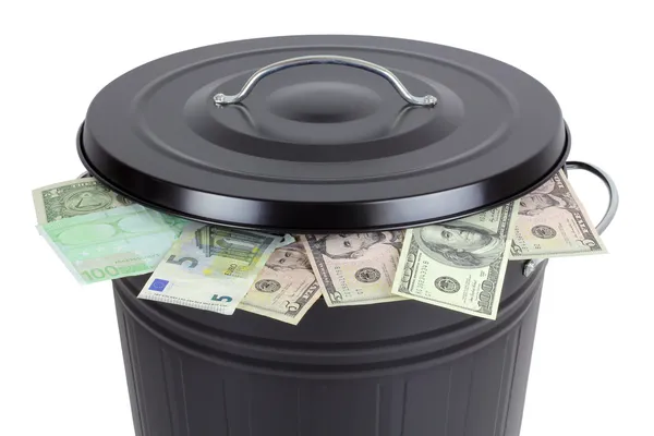 Euro and Dollar banknotes in a trash can — Stock Photo, Image