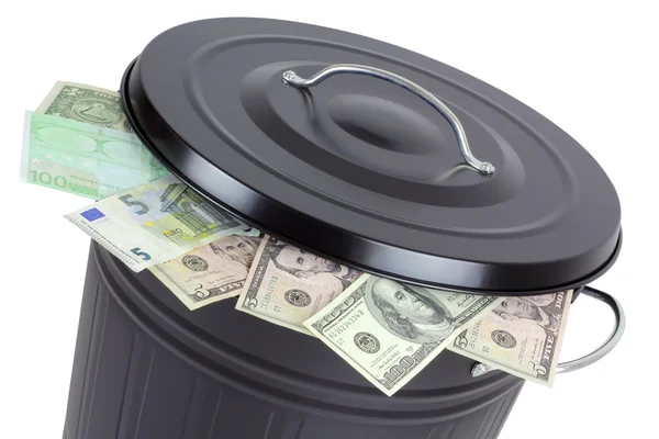 Euro and Dollar banknotes in a trash can — Stock Photo, Image