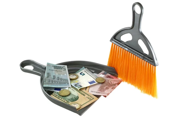 Dust pan with Euro and US Dollar in it — Stock Photo, Image