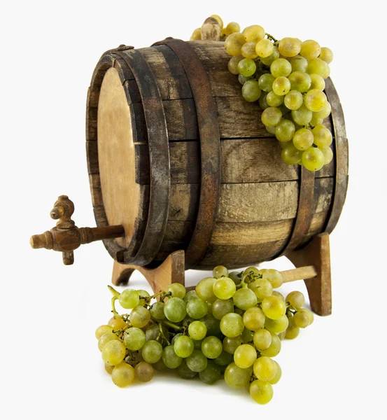 White wine, grapes and old barrel — Stock Photo, Image