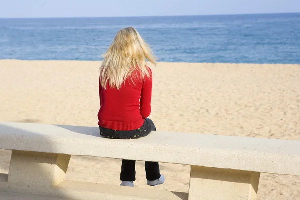 bir bankta oturan ve denizde seyir kadın