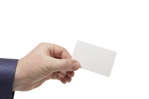 Empty white business cards in a man 's hand — стоковое фото