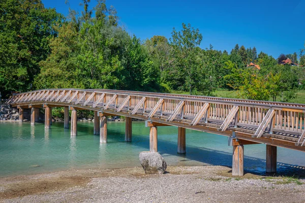 Wooden Pedestrian Bridge Mangfall River Flowing Out Lake Tegernsee Bavaria — Stock Photo, Image