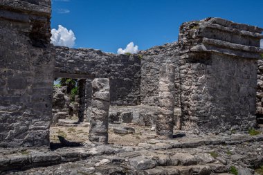 Antik Tulum, Tulum Meksika 'daki tropikal doğal orman palmiyesi ve deniz manzarasında tapınak kalıntıları ve eserlerle Maya bölgesini harabeye çeviriyor..