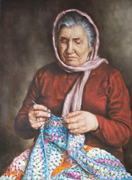 Painting of an old woman who works the wool — Stock Photo, Image