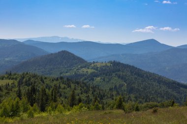 Dağların, küçük çayırların, Karpat dağlarının havadan manzarası.