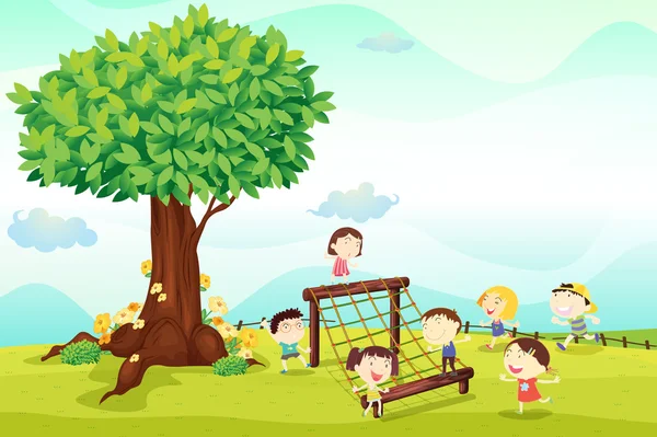 Bir ağacın altında oynayan çocuklar — Stok Vektör
