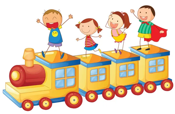 Niños en un tren — Vector de stock