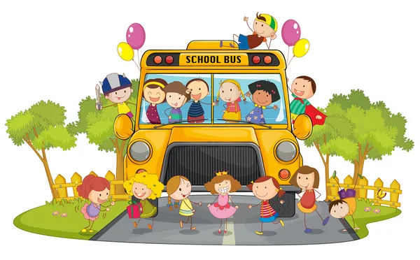 孩子们和学校巴士 — 图库矢量图片