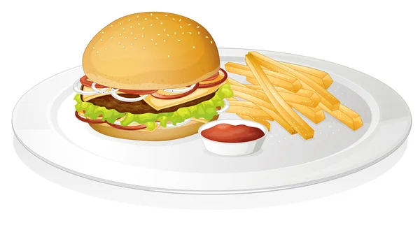 Hamburger, a sült krumpli és a mártással — Stock Vector